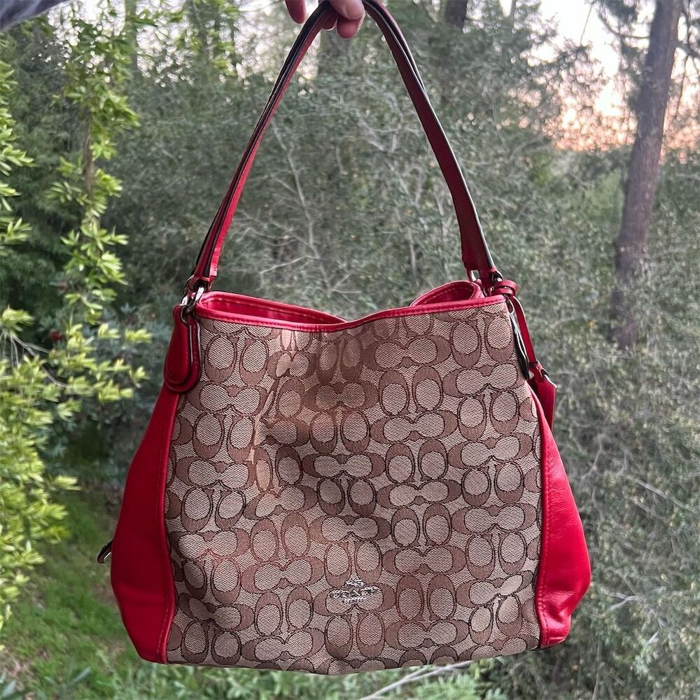 COACH Edie 31 Women's Tan/Red Shoulder Bag with Silver Hardware AUTHENTIC
